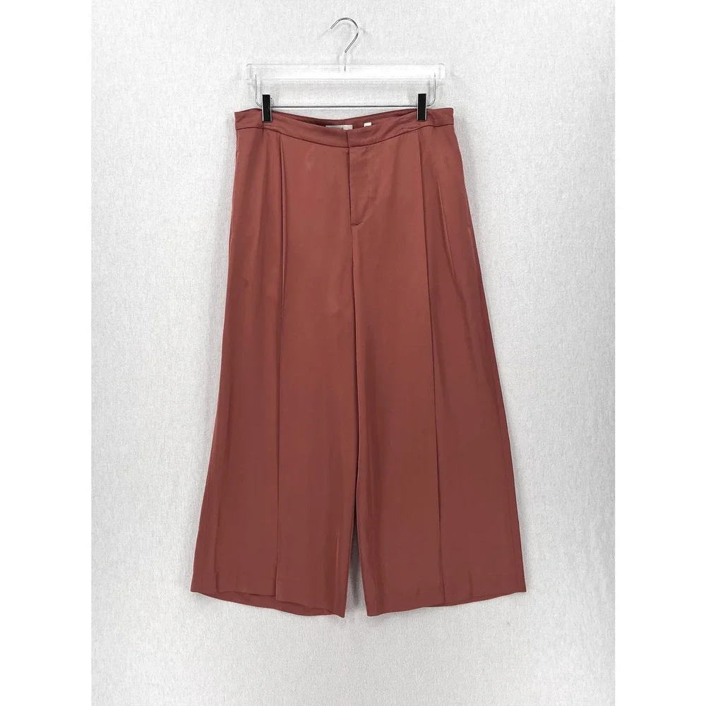 VINCE Satin High Waist Pants Womens 12 Pleated Wide Leg Cropped Silky Dressy - Picture 2 of 16